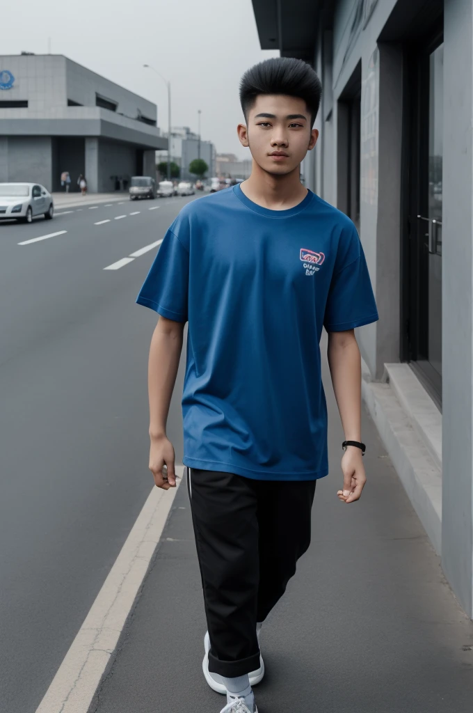 21 year old Beijing boy, he is wearing a oversize xxl blue plain t-shirt, he is wearing black trousers, he is wearing sneakers, he is wearing glasses, city, full body,  he is buzz cut Hair, foot, walking 