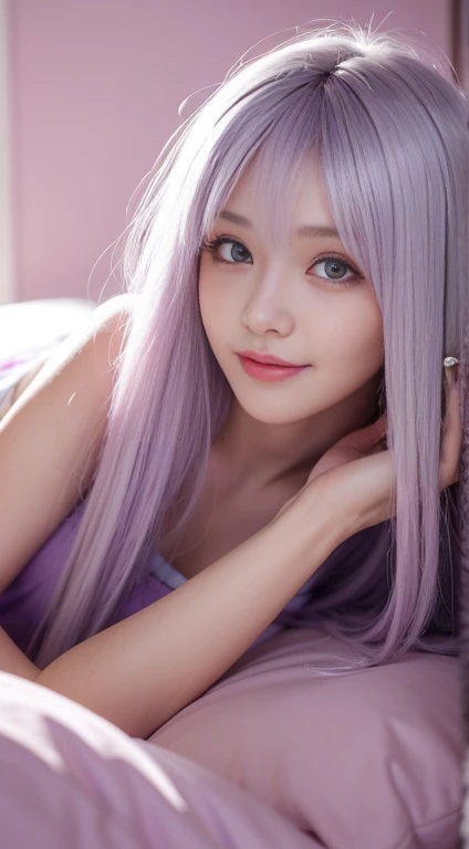 （Woman lying in bed）,1 girl, Silver Hair, Horizontal hair, Bangs, 齐Bangs, Long hair, Pink Hair, Aqua eyes, Long eyelashes, Purple Eyes, cosmetic, Smile, Open your mouth, realism, Realism, 超realism, Depth of Field, One person&#39;s point of view, F/1.8, 135 mm, Canon, nffsw, Retina, On the table, precise, Anatomically correct, Textured Skin, Super Detail, High Detail, high quality, best quality, high resolution, 1080P, harddisk, 4K, 8K、（Full body angle）、(o Off-the-shoulder translucent white shirt), (Loose red tie)、(Dark blue plaid mini skirt),((Lift up your skirt的下摆)),((Lift up your skirt))((Lace white is clearly visible))（Full breasts,)、((Sexy pose))、(Camel toe)、Smooth skin。realism的、Photorealistic:1.37)、(solo)、Dynamic poses