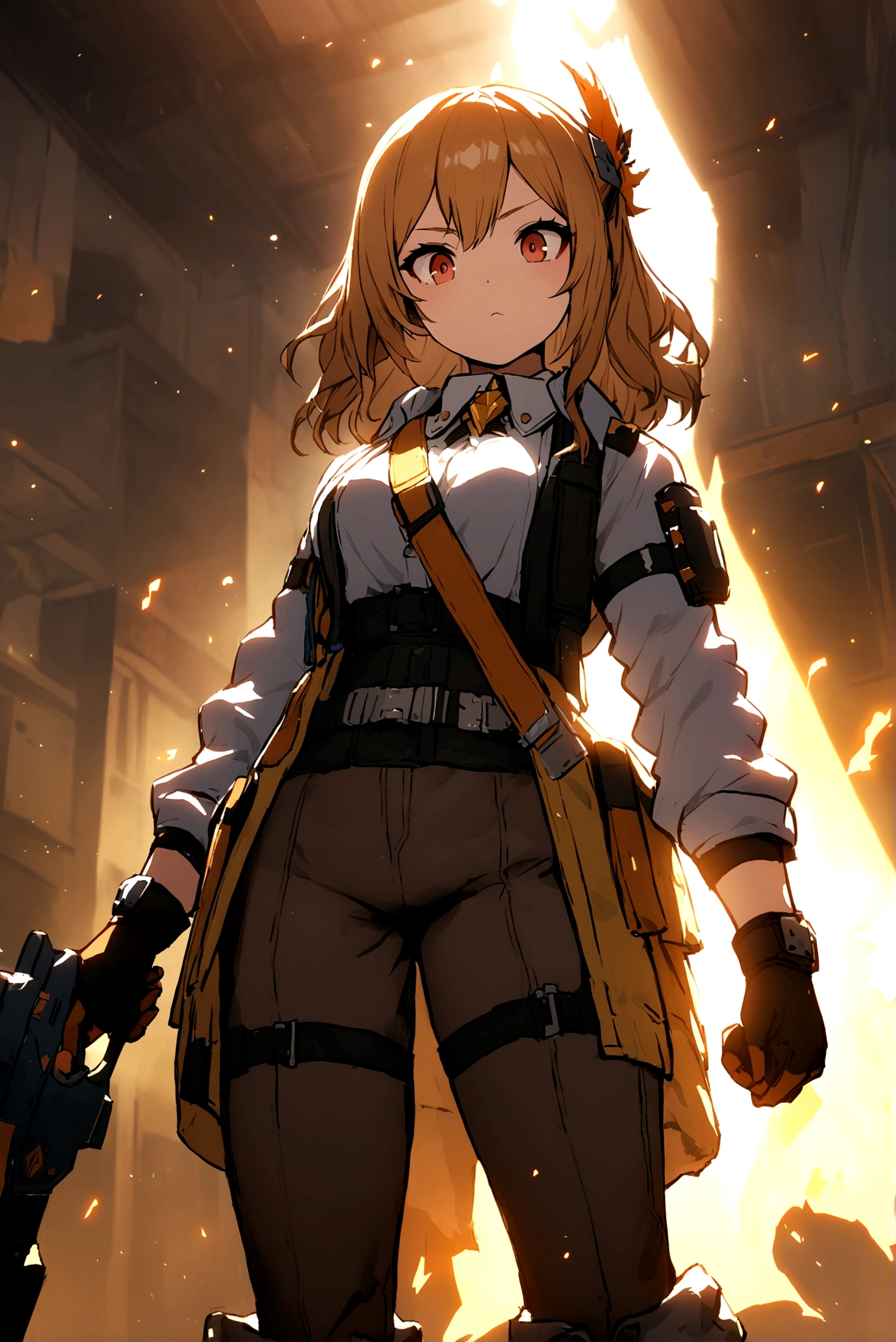 (((masterpiece))), (((best quality))), (((ultra-detailed))), illustration, Scenes with extreme detail extremely detailed 8k CG, official art, <lora:gudako2-000008:1>, 1girl, solo, vivid colour, orange hair, short hair, miniskirt, highres, absurdres, solo, black gloves, serious, mysterious aura, expressionless, beautiful, amazing, beautiful detailed eyes, ahoge, depth of field, dynamic pose, detailed shading, cinematic shading, beautiful detailed lighting, cinematic lighting,