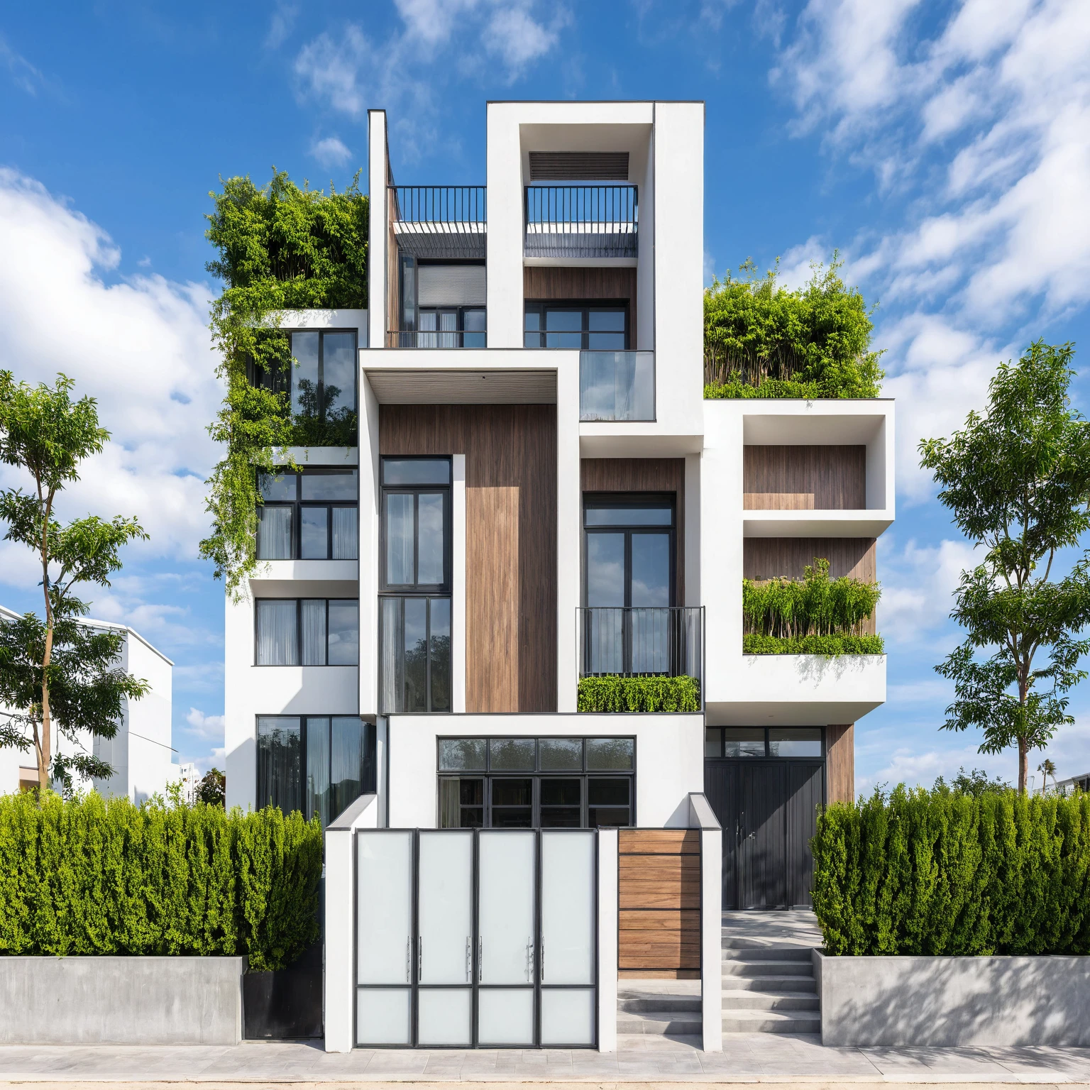 Masterpiece, high quality, best quality, authentic, super detail, outdoors, house style modern,bietthuhn, white wall, glass windows, gate road,pavement, grass, trees,blue sky, cloud, (day:1.1), realistic lighting