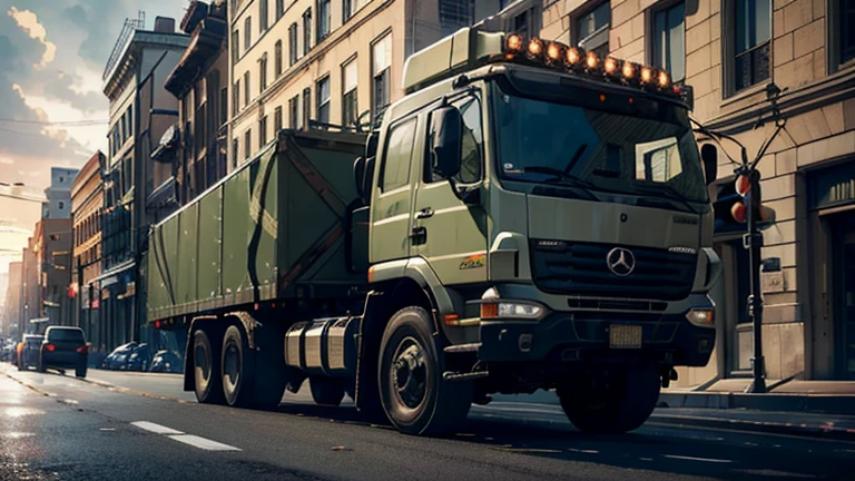 a military convoy of trucks driving down a city street, highly detailed military vehicles, realistic military truck models, military personnel inside the trucks, realistic military uniforms, detailed city architecture, people on the sidewalks watching the convoy, overcast sky, warm lighting, cinematic composition, photorealistic, (best quality,4k,8k,highres,masterpiece:1.2),ultra-detailed,(realistic,photorealistic,photo-realistic:1.37)