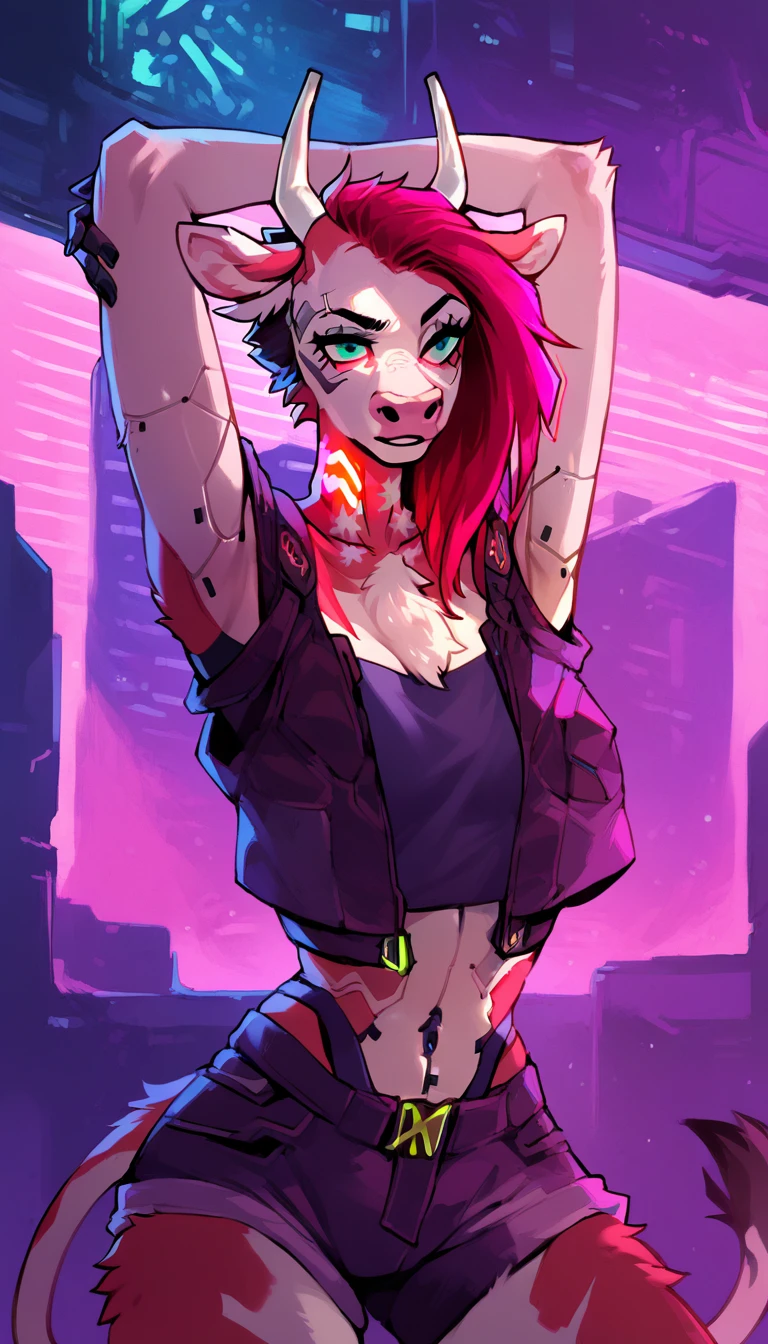 score_9, score_8_up, score_7_up, (cyberpunk buildings, cyberpunk neon signs, cyberpunk cars, cyberpunk-style city on background),
((Cow:1.2), anthro, solo, female, (closeup portrait), (focus on face:1.5), (dancing), (holding, large boobs), ((wearing clothes)), ((have fur)), beautiful, (have cyberpunk augmentations, cyberpunk implants, cyberpunk-style additions:1.5)