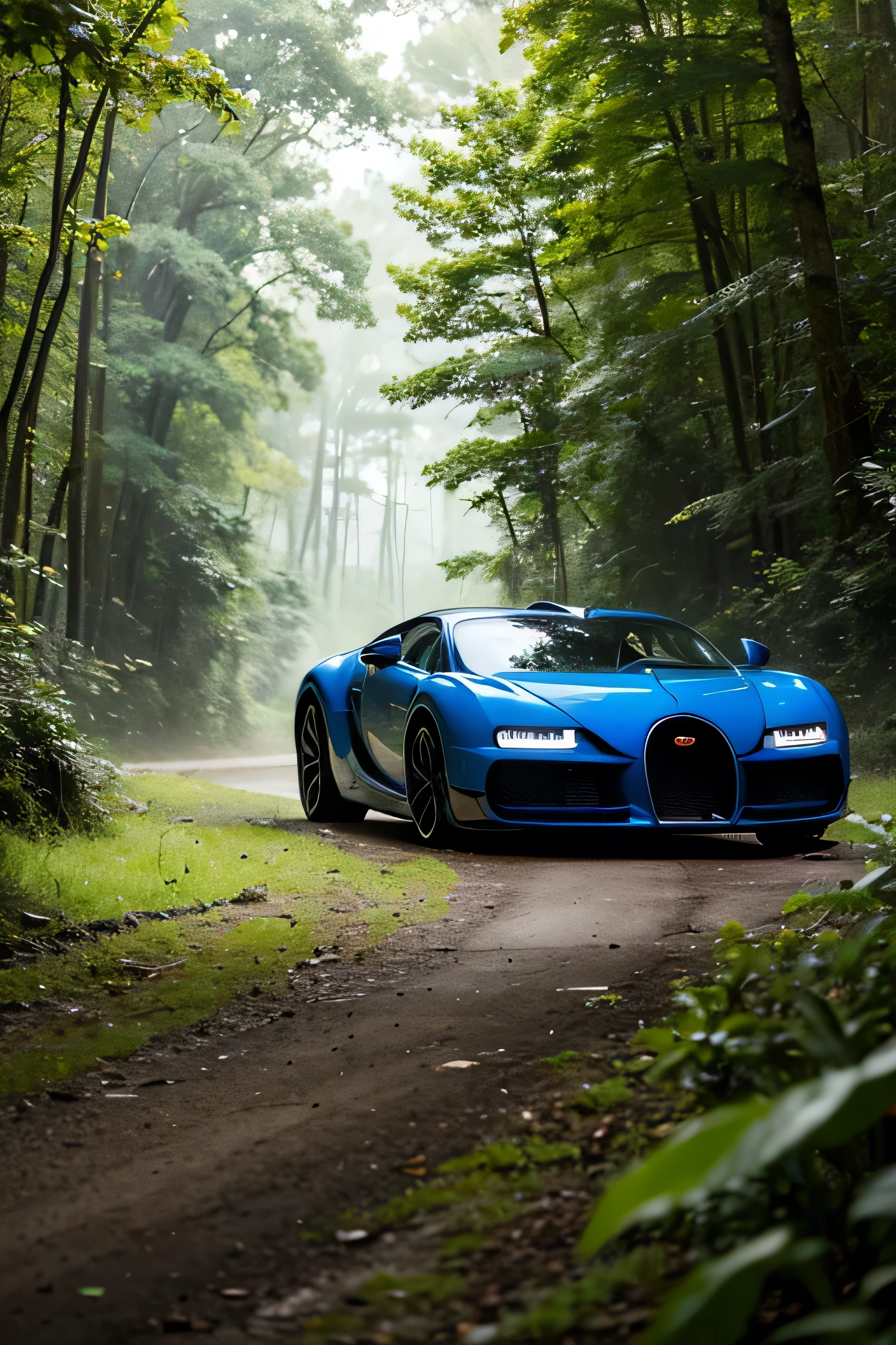 The Bugatti Divi car is in a very dense forest and there are lots of wild animals