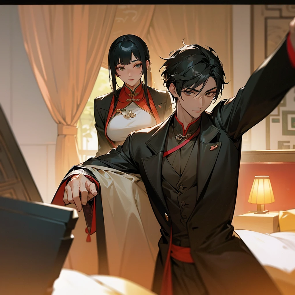 sciencer psihology from Beijing Tao chinese (asian) hot handsome man black hair with brown eyes and his wife french (european) hot sexy woman french detective Mirette black hair with hazel green eyes in bedroom