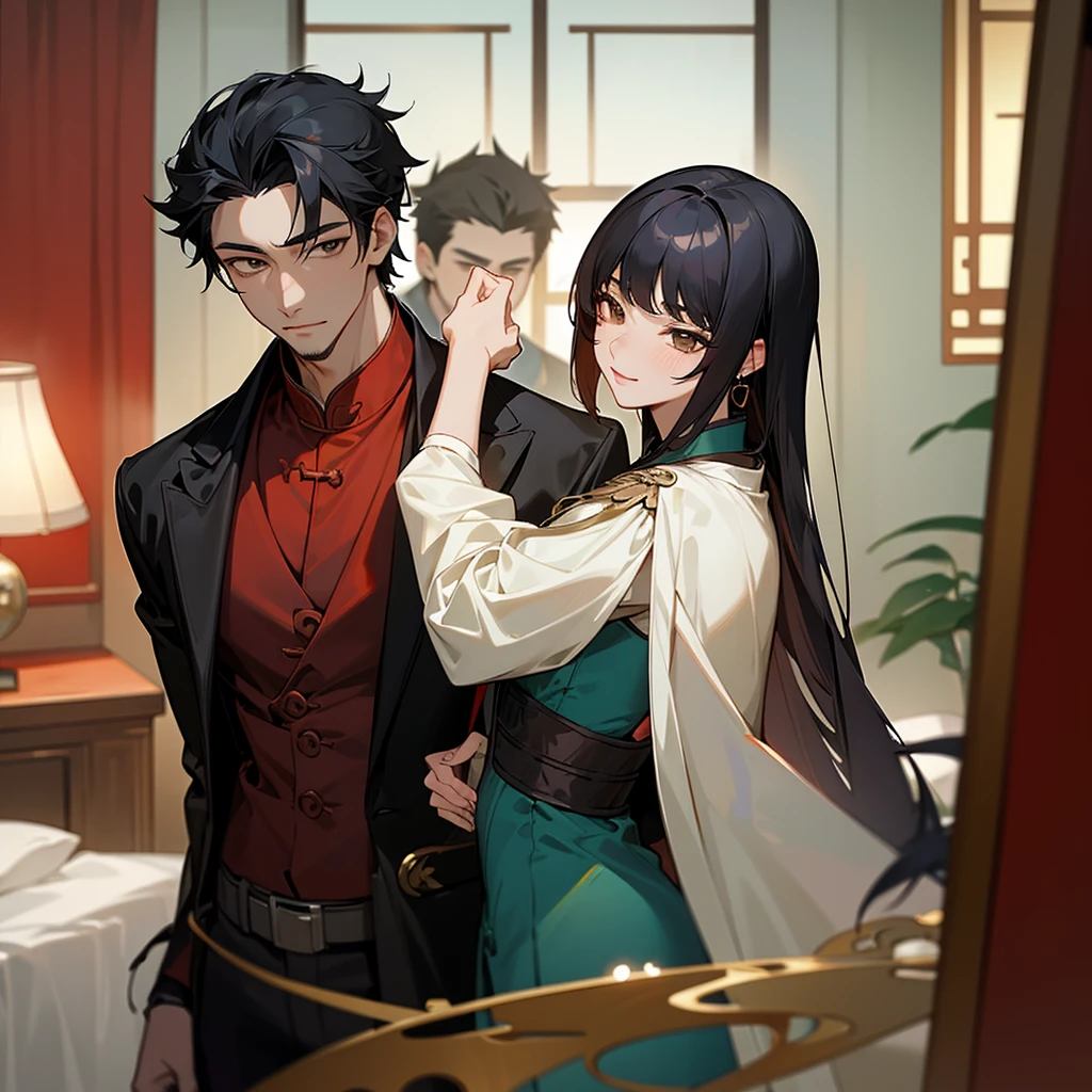 sciencer psihology from Beijing Tao chinese (asian) hot handsome man black hair with brown eyes and his wife french (european) hot sexy woman french detective Mirette black hair with hazel green eyes in bedroom