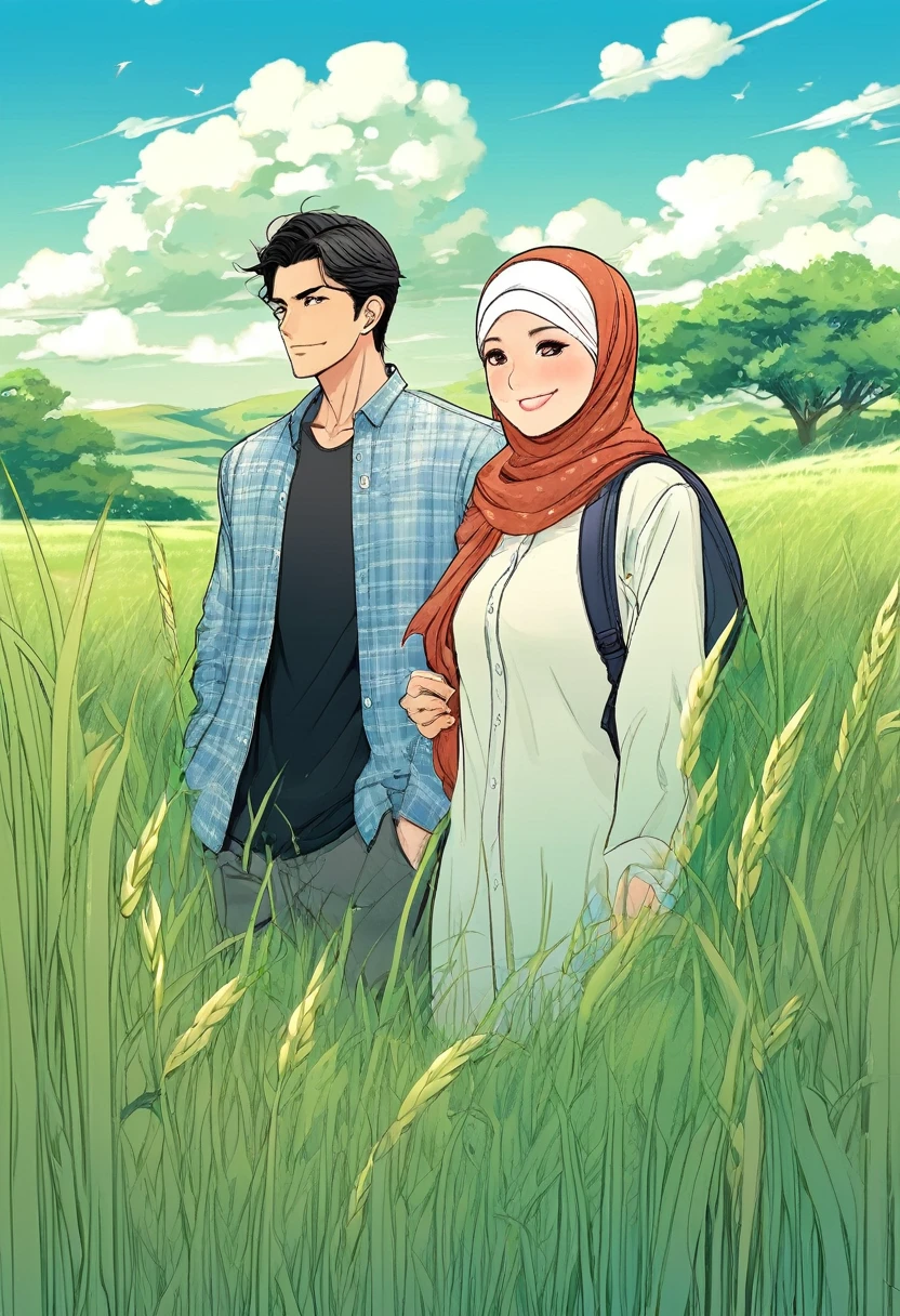 one beautiful hijab woman with two handsome men in casual shirt, under the blue sky and green grassland, manga style, cover illustration,