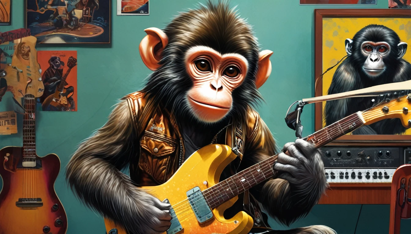 Close-up of a monkey with a guitar in the room, Art poster inspired by Alex Petruk APe, Featured on zbrush mainframe, The Art of Shock, Vibration outside, Rock movie, A wild animal, Rock monster, Rock and Roll Music, Kraut rock soundtrack, loud music, Paradise city, Punk rock music poster, Rock band, Rock star, Official poster artwork