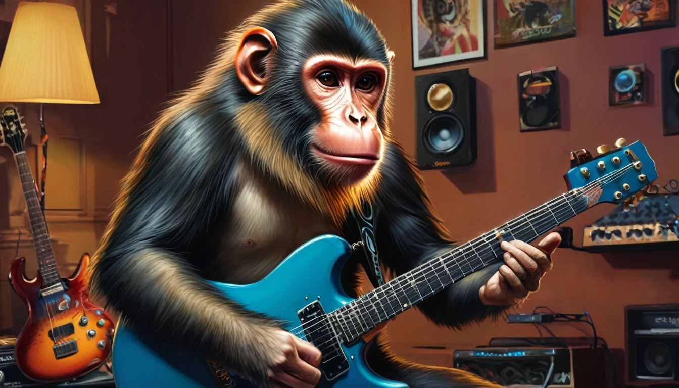 Close-up of a monkey with a guitar in the room, Art poster inspired by Alex Petruk APe, Featured on zbrush mainframe, The Art of Shock, Vibration outside, Rock movie, A wild animal, Rock monster, Rock and Roll Music, Kraut rock soundtrack, loud music, Paradise city, Punk rock music poster, Rock band, Rock star, Official poster artwork
