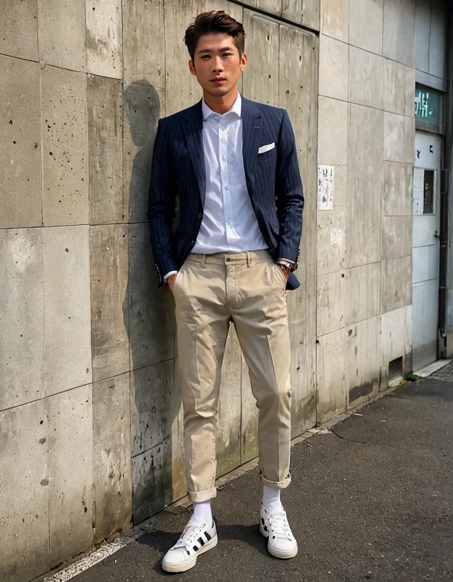 Japanese,Photo,Full body,Simple and stylish fashion,Man,25 years old,Photo RAW portrait,High quality textures, High quality shadows, High detail, Beautiful details, Fine details, Very detailed computer graphics, Detailed textures, Realistic face