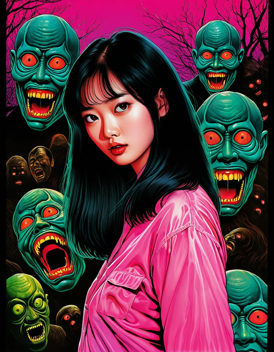 An illustration、art、80s Thai horror movie poster, fear、girl、Supervised by Junji Ito、High detail, Realistic Shadows、Analog Style, Surrealism、Gradation