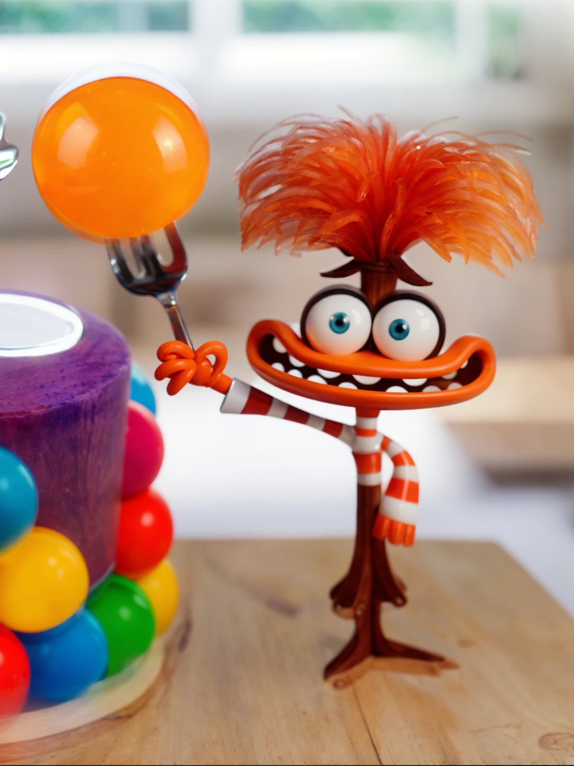 on a wooden table, orange character in a vest is standing, holding a fork with an orange sphere, Contour light, Beautiful light from the window. window in the background, realistic picture, Realistic style, realistic textures, bright lighting, beautiful light source, detailed textures, high quality, A high resolution, macro photography, ultra 4k hd.
