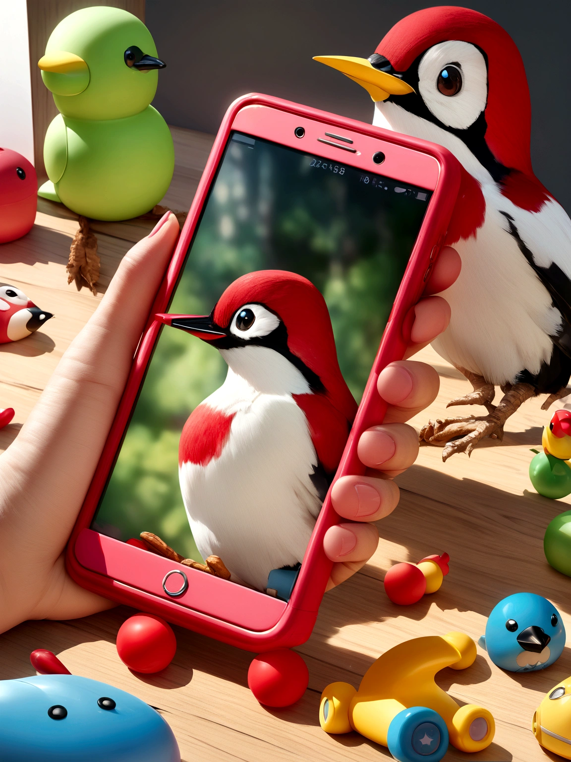 (((Toy mobile phone))), (((Super cute woodpecker))), ??Toy mobile phone,Cute styling， High-definition realism,  High-resolution images,