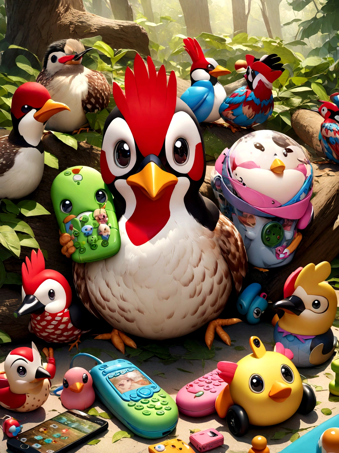 (((Toy mobile phone))), (((Super cute woodpecker))), 儿童Toy mobile phone,Cute styling， High-definition realism,  High-resolution images,