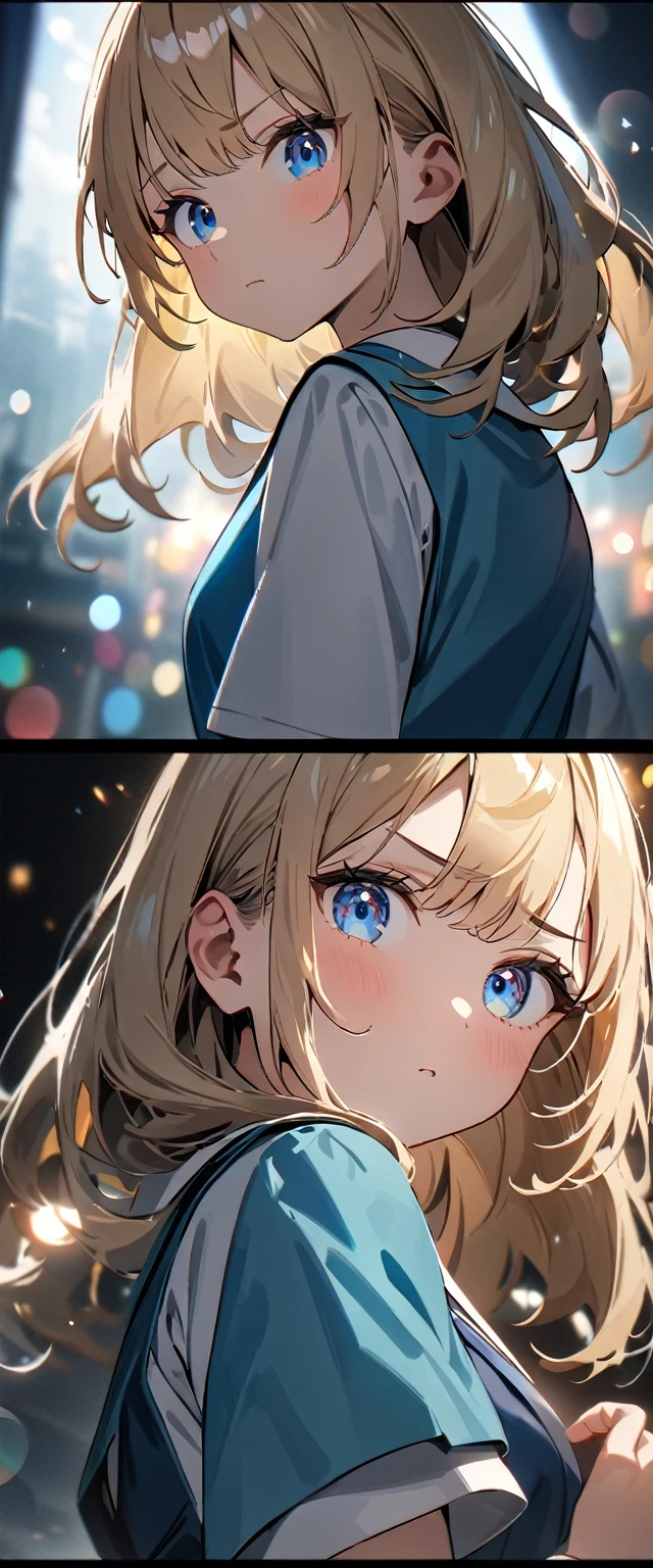 (((One girl))), Shibuya, blond hair, bob cut, from front, from above, Emphasize the cleavage, Seductive pose, looking at viewer, ((upper body)), face on focus, ((blush)), open mouth, tongue out, wide-eyed, blue eyes, heart-shaped pupils, saliva, ((sweat)), ((steam)), ((nervous)), school swimsuit:1.3, anime style, (best quality, 4k, 8k, highres, masterpiece:1.2, ultra-detailed, ultra-detailed eyes, HDR, UHD, studio lighting, ultra-fine painting, sharp focus, physically-based rendering, extreme detail description, professional, vivid colors, bokeh)