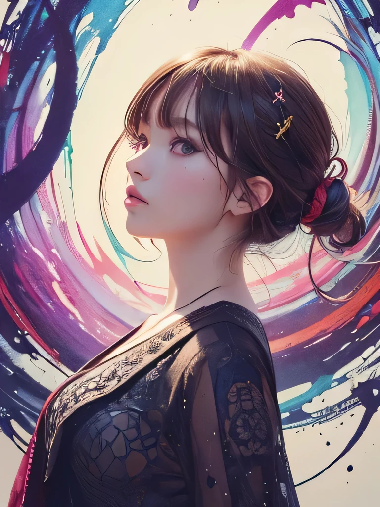 Nice style、(((Stylish fashion))), 8K quality、Intense watercolor, Detailed watercolor art, Watercolor splash, surreal, Avant-garde pop art, Beautiful and expressive paintings, Beautiful artwork illustration, Very colorful tones, wonderful, Cool Beauty, Highest quality、Official Art, vector art, stylish design, (((The most beautiful girl))), (((Highest quality))), High resolution, ((detailed)), (((Doodle Art)), ((masterpiece)), ((Super detailed)),  (((stylish))),(((Low Angle)))