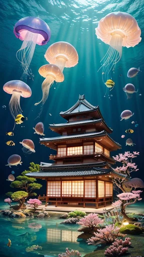 absolutelyresolution,ultradetaile,intricate(8k:1.3),CG,unity,2kwallpaper,absurdres,texture,Exquisite and beautiful backgrounds,(a group of jellyfish:1.2), (fish:1.2),(underwater image:1.5),(bubbles in the water:1.3),beautiful undersea landscape background,(a group of jellyfish:1.2), (fish:1.2),very wide shot,(character focus:1.4),full body,sakura trees, cherry blossoms,(detailed japanese castle:1.3),castle walls , traditional roofs, castle tower, castle gates,