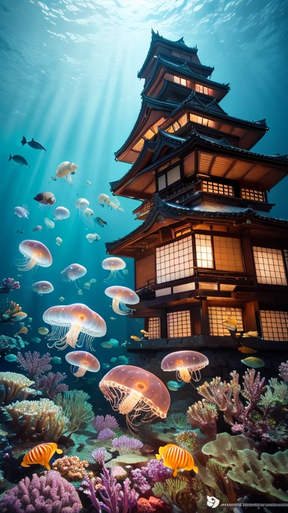 absolutelyresolution,ultradetaile,intricate(8k:1.3),CG,unity,2kwallpaper,absurdres,texture,Exquisite and beautiful backgrounds,(a group of jellyfish:1.2), (fish:1.2),(underwater image:1.5),(bubbles in the water:1.3),beautiful undersea landscape background,(a group of jellyfish:1.2), (fish:1.2),very wide shot,(character focus:1.4),full body,sakura trees, cherry blossoms,(detailed japanese castle:1.3),castle walls , traditional roofs, castle tower, castle gates,