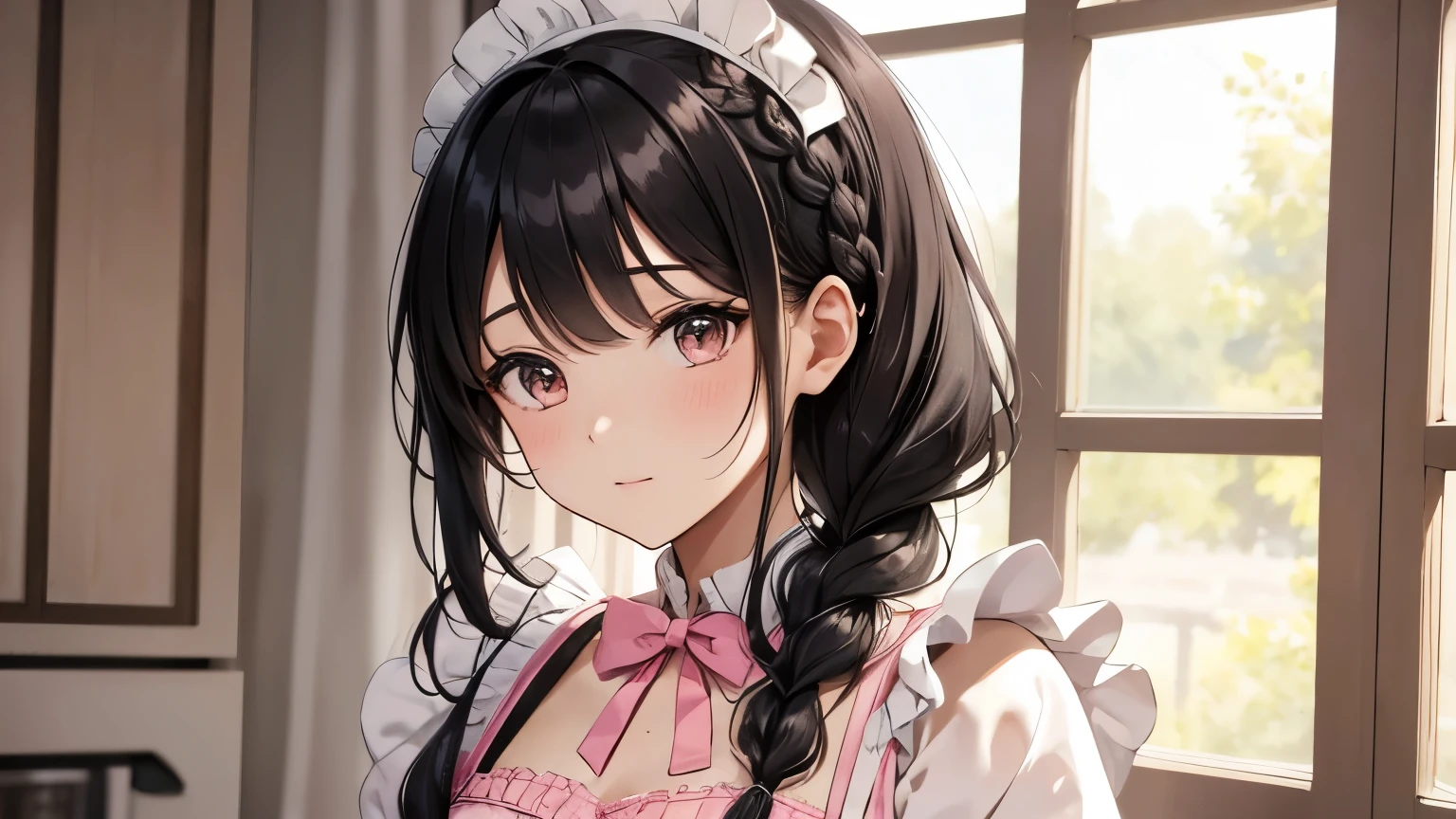 A beautiful girl wearing a pink maid outfit with lots of frills and lace Black hair braid with hair ornament Upper Body