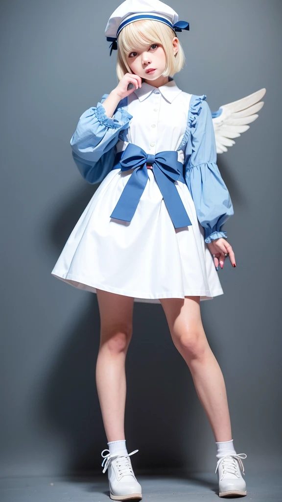 uekura, 1girl, blonde hair, white background, hat, dress, blue footwear, wings, simple background, signature, flower, nail polish, wide sleeves, long sleeves, blush, animal, white flower, solo, full body, bird, looking at viewer, high heels, hand on own cheek, hand on own face, frills, bow, bangs, ribbon, bell, blue headwear, +_+, socks, short hair, grey eyes, shoes, blue nails, feathered wings, blue bow