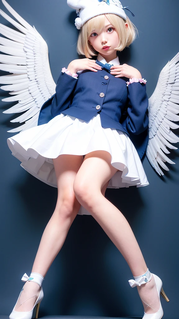 uekura, 1girl, blonde hair, white background, hat, dress, blue footwear, wings, simple background, signature, flower, nail polish, wide sleeves, long sleeves, blush, animal, white flower, solo, full body, bird, looking at viewer, high heels, hand on own cheek, hand on own face, frills, bow, bangs, ribbon, bell, blue headwear, +_+, socks, short hair, grey eyes, shoes, blue nails, feathered wings, blue bow