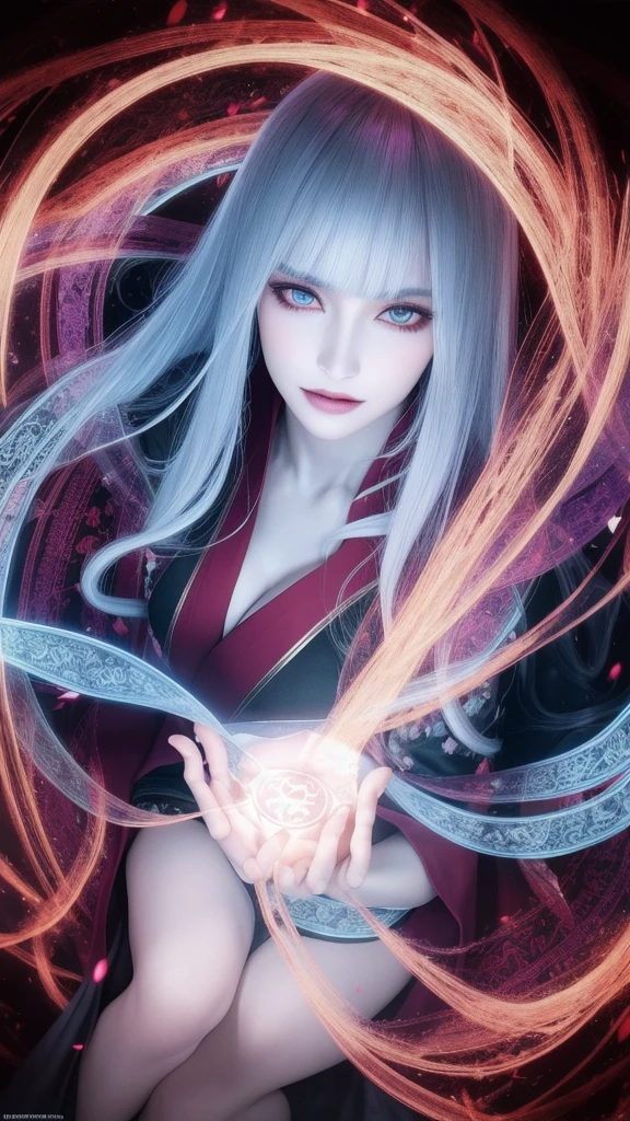 (masterpiece, top quality, 1 female, solo, exquisite details, chromatic aberration), (realistic), (skin), ((breathing)), (silver hair, blunt bangs, short cut straight long hair, short cut bangs, silver hair), beautiful hair, red headdress, blue highlights, hair over one eye, cute eyes,purple eyes, thick lips, earrings, piercing eyes, ((gold and white kimono)), ((symmetrical eyes)), ((perfectly symmetrical body)), ((perfectly symmetrical hands)), (purerosface_v1:0.3), night, (((self, natural light))), bright lighting, flowers blooming in the background, front of viewer, ((central shot, from the front, (face and waist))), mysterious atmosphere, flowers blooming around, light colored background, fortune teller in kimono, beautiful fortune teller, fortune teller, fantasy female fortune teller, female fortune teller, f Fantasy photography, magician, witch fairy tale, Japanese style, elegant cinematic fantasy art, fantasy woman, magician portrait, casting a spell, fortune teller, A powerful wizard stands in a mysterious forest, fluttering robes adorned with symbols, holding a glowing heart crystal ball, eyes glowing with mystical energy, spells leaking from his mouth, vivid swirling patterns of black magic pulsating in hues of red and blue appear in the air, magic permeates, flowers bloom and sacred creatures gaze in awe, threads of magical energy dance, revealing hidden realms and unravelling secrets, capturing the essence of this enchanting moment and bringing to life the mysterious power of black magic on a canvas of the highest quality and finest detail. Top Quality, Masterpiece, Ultra High Resolution, (Photorealistic: 1.4), RAW Photo, Sharp Focus, High Resolution, Detailed Skin, .