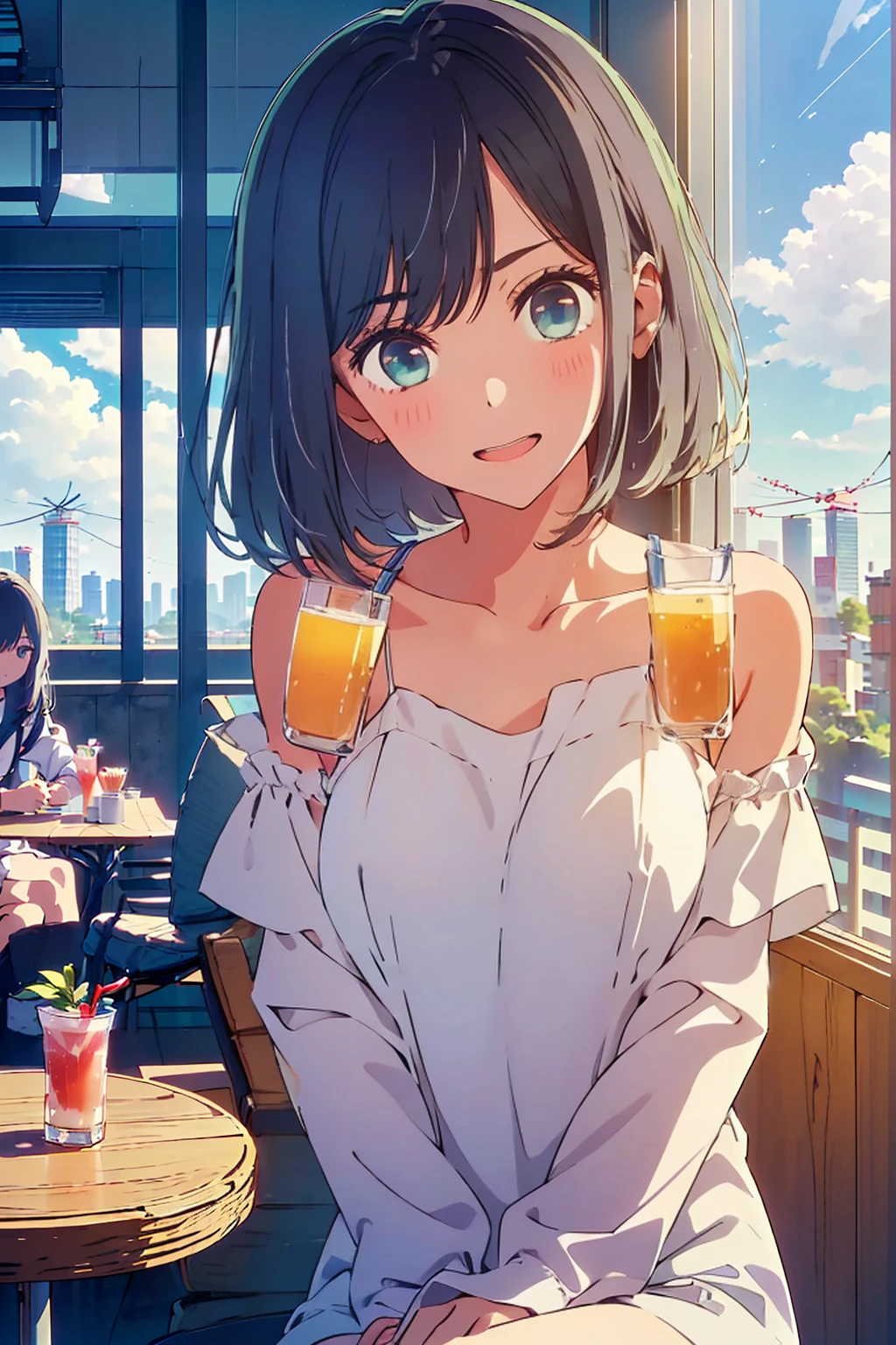 (Highest quality:1.4、8K:1.4、detailed)、F cup bust、Big Breasts、Slim body、Very white beautiful skin、((((1 person、smile、Surprised expression、sit、Chair、 the background are the urban buildings of Tokyo、looking at the camera、Indoor cafe terrace、Navy hair color、Straight Long Hair、juice、Shooting up close、table、Very cute face))))、((((nude、Areola))))、(Touching cheeks with both hands pose:1.4)、(((Off-the-shoulder zippered top)))、Nipples、Very blue sky、A completely cloudless sky