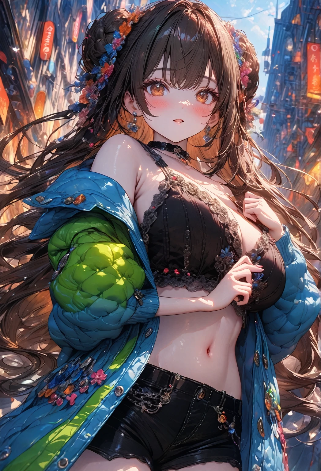 ((masterpiece:0), best quality, very aesthetic, newest, absurdres, detailed, high quality)
BREAK
highest quality, top quality, details, highres, ultra fine painting, digital art, official art, cinematic, 4k, 8k resolution, 8K CG wallpaper, CG, original artwork, detailed background, colorful background, blue atmosphere, High Dynamic Range, blurry background, blue hour, Starburst effects, crepuscular rays, good ISO, high resolution, wide shot, from far away, RAW photo, POV, sharp focus, light reflection, reflections, intricate details, soft light, particle noise, professional photography, bokeh, depth of field, natural lighting, vibrant colors, looking away, detailed lights and shadows, stylish, ultra-detailed, top rated on Pixiv, trending on Artstation, niji style, modern-days, master crafted, pose
BREAK
solo, close up shot, from above, 1girl, pale skin, correct fingers, detailed hand, (:1.2), big thighs, small torso, short body, flushtered, blush, anxious expression, casual, slim, ((cute, childlike f1.3), nice hips, nice body, brown hair, (very long flowing hair, (big 2 buns hairstyle)), long bangs, long hair, middle hair bangs, brown eyes
BREAK
(black string tank top, choker, off shoulder open green hoodie, (tummy skin), open unbuttoned shorts, many colors outfit ornaments)
BREAK
a person walking down a street with a crowd of people, crowded street, crowded streets, in front of a large crowd, giant crowd, girl walking through city, people walking down a street