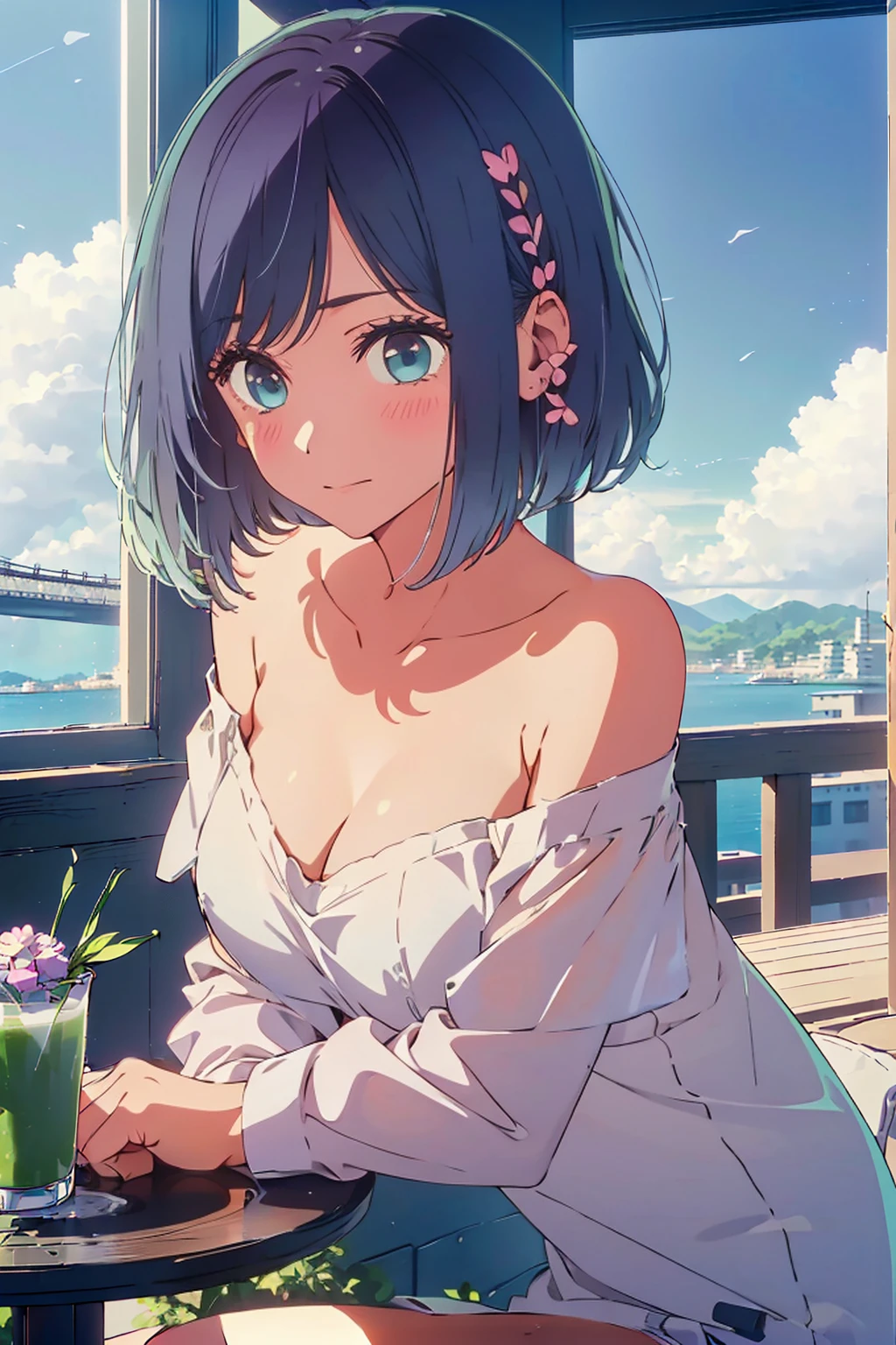 (Highest quality:1.4、8K:1.4、detailed)、F cup bust、Big Breasts、Slim body、Very white beautiful skin、((((1 person、smile、Surprised expression、sit、Chair、 the background are the urban buildings of Tokyo、looking at the camera、Indoor cafe terrace、Navy hair color、Straight Long Hair、juice、Shooting up close、Shooting from an angle、table、Very cute face))))、((((nude、Areola))))、(Pose with hair tucked behind ears with both hands:1.4)、(((Off-the-shoulder blouson)))、Nipples、Very blue sky、A completely cloudless sky