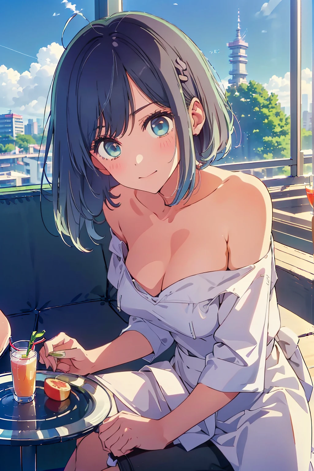 (Highest quality:1.4、8K:1.4、detailed)、F cup bust、Big Breasts、Slim body、Very white beautiful skin、((((1 person、smile、Surprised expression、sit、Chair、 the background are the urban buildings of Tokyo、looking at the camera、Indoor cafe terrace、Navy hair color、Straight Long Hair、juice、Shooting up close、Shooting from an angle、table、Very cute face))))、((((nude、Areola))))、(Pose with hair tucked behind ears with both hands:1.4)、(((Off-the-shoulder blouson)))、Nipples、Very blue sky、A completely cloudless sky