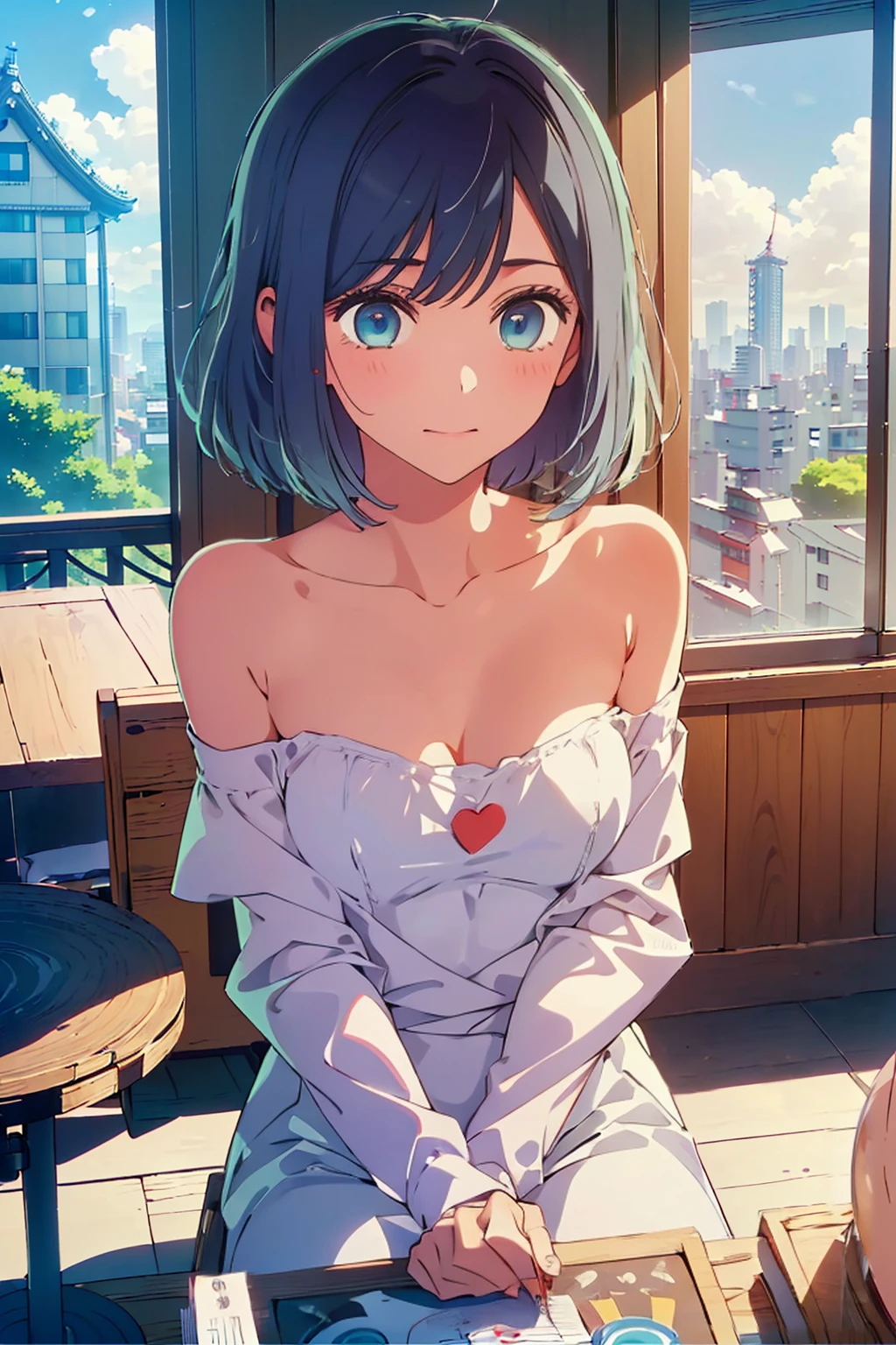 (Highest quality:1.4、8K:1.4、detailed)、F cup bust、Big Breasts、Slim body、Very white beautiful skin、((((1 person、smile、Surprised expression、sit、Chair、 the background are the urban buildings of Tokyo、looking at the camera、Indoor cafe terrace、Navy hair color、juice、Shooting up close、Shooting from an angle、table、Very cute face))))、(((nude、Areola)))、(Touching cheeks with both hands pose:1.4)、Nipples、Very blue sky、A completely cloudless sky、Off-the-shoulder zip-up jacket