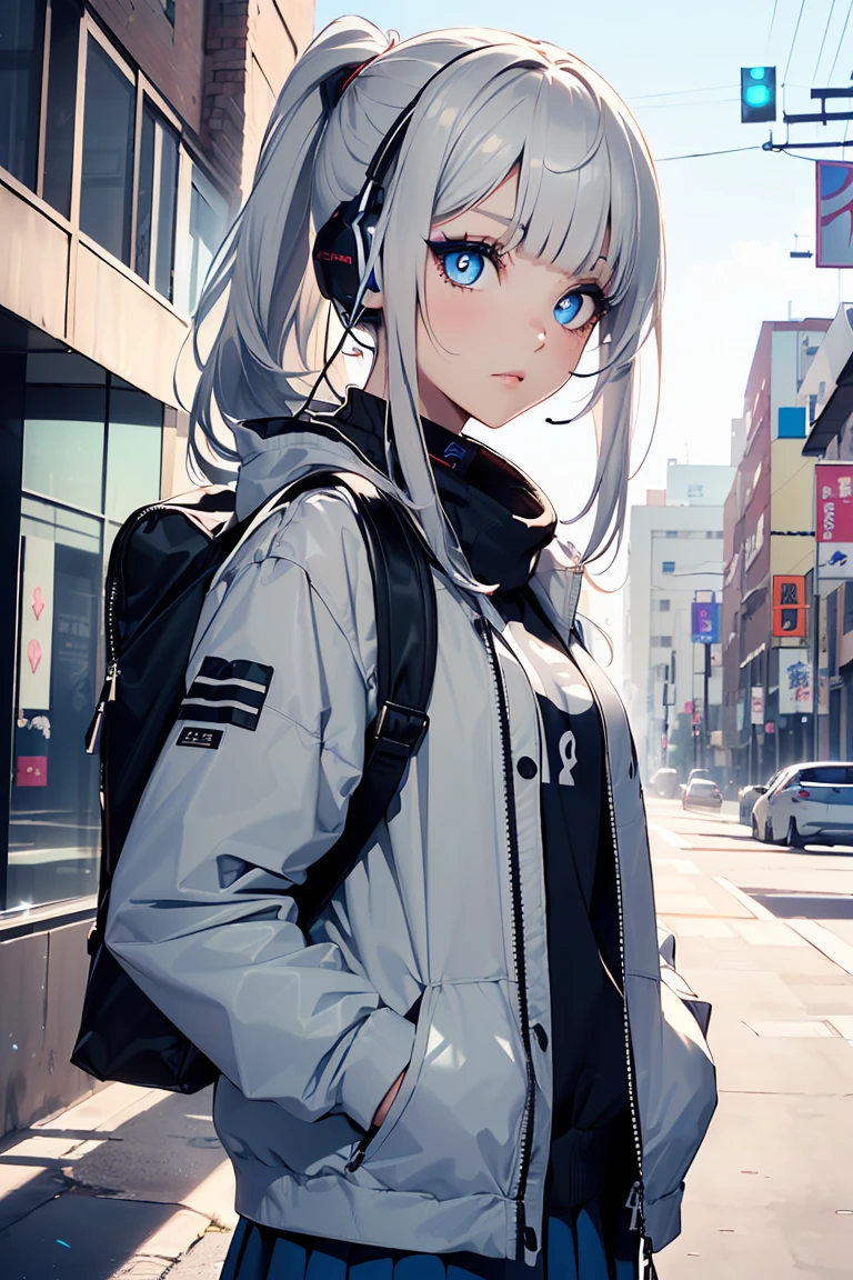 ((1 Girl)), Latest Fashion Trends, Slanted Eyes, (Headphones around the neck), rucksack, Put your hand in the pocket, Cowboy Shot, Colorful jacket, Street fashion,Stylish clothes, Medium Chest, ponytail, skirt,((Very detailed,Highest quality, High resolution, 8k wallpaper, Beautiful clothes,)),((Light grey hair, Shortcuts, ((Asymmetrical bangs)) ,(Bright Blue Eyes),eye shadow, eyeliner,Glowing Eyes, Very detailedな目, Complex eyes, Beautiful Eyes, 輝くBright Blue Eyes、18-year-old girl