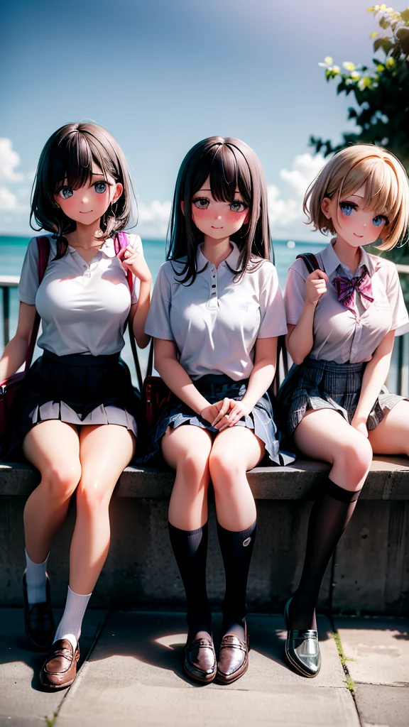 long hair, looking at viewer, blush, smile, bangs, blue eyes, multiple girls, skirt, brown hair, shirt, black hair, short sleeves, brown eyes, long hair, sitting in sunset beach , white polo shirt, pleated skirt, outdoors, open clothes, shoes, day, socks, striped, collared shirt, hand up, (3girls:1.4), bag, plaid, kneehighs, nose blush, plaid skirt, brown footwear, flying sweatdrops, loafers, grey skirt, school bag, diagonal stripes,
