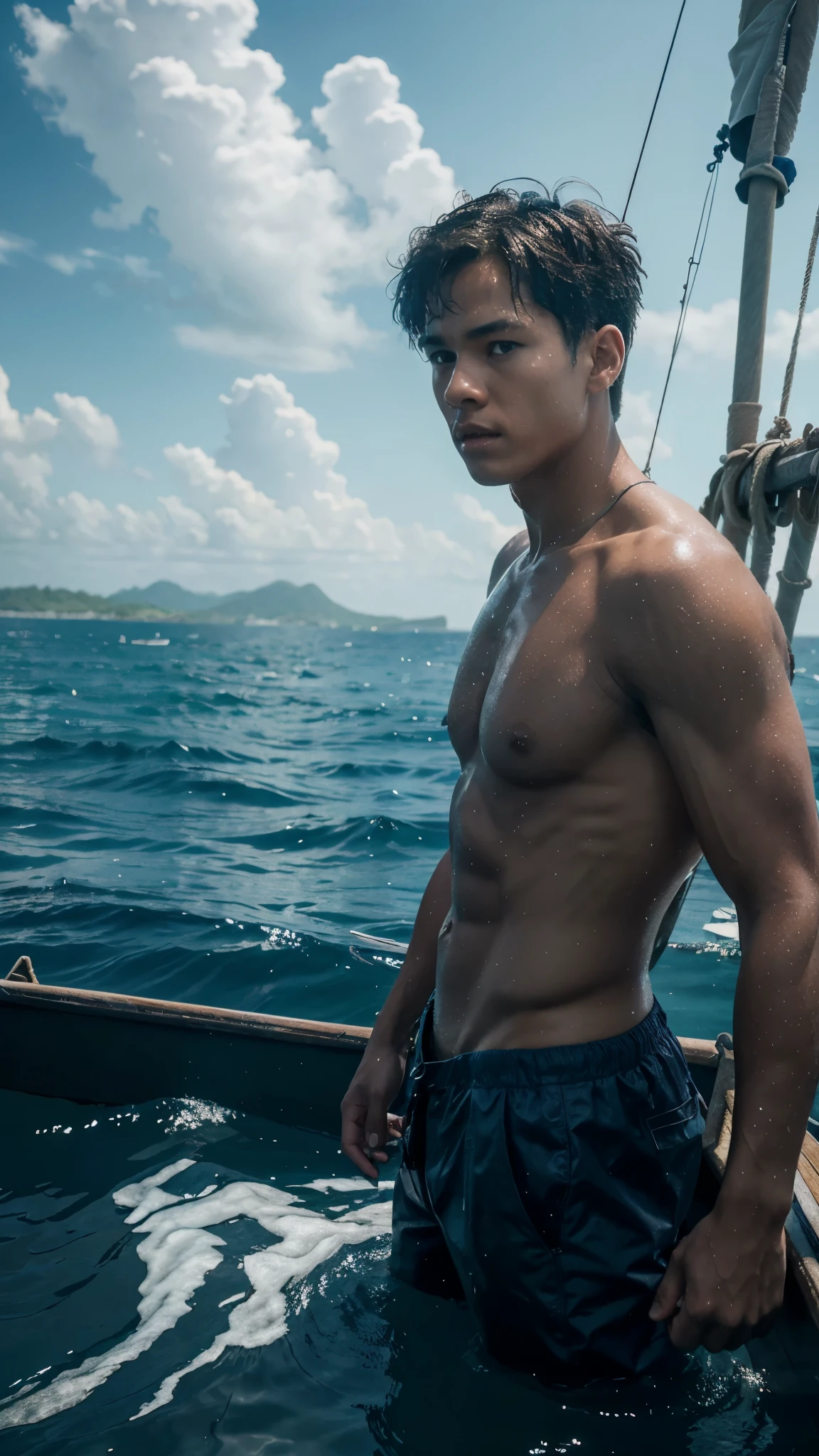 Kai a young boy who loved to sail on his boat on an island, Kai was drowning, fighting to save his life, 4k realistic imagery, blue scenery like a movie scene, old american setting, inspired by blade runner movie scene, blue tone, 9:16 aspect ratio