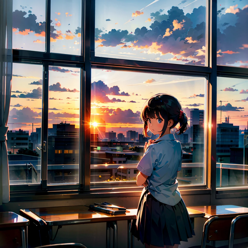 A girl singing alone in the classroom. Outside the window is a sunset.