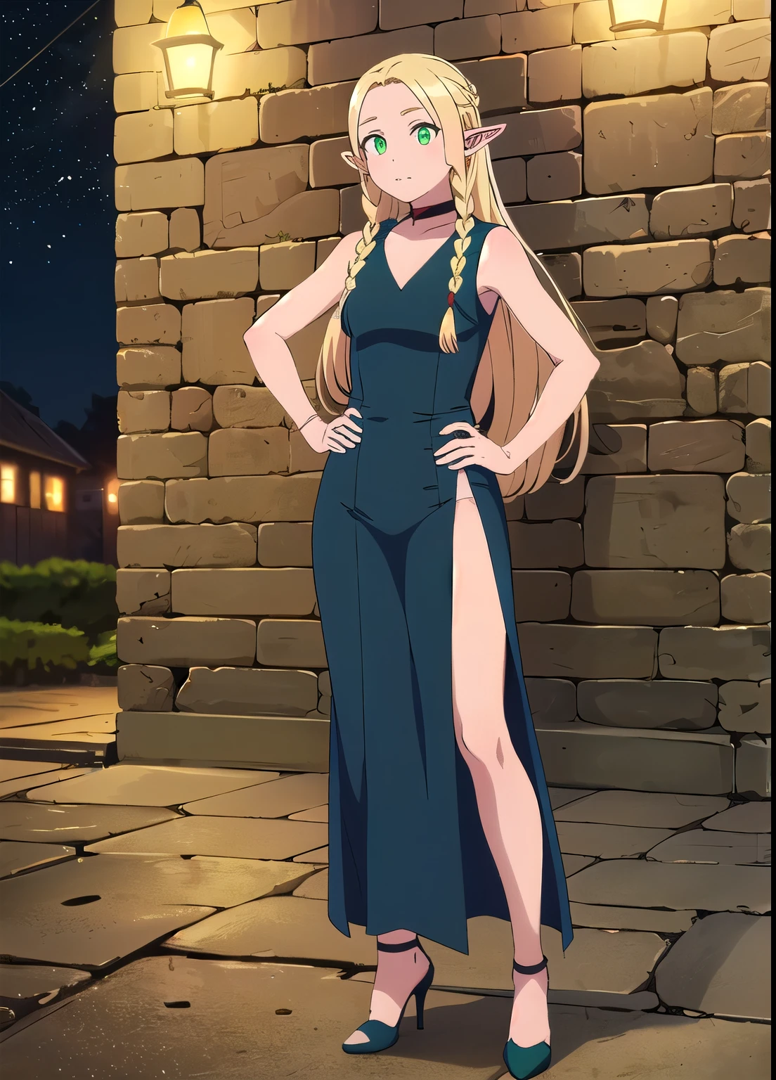 ((best quality)), ((highly detailed)), (masterpiece),  (1girl), (Marcille Donato DungeonMeshi), blonde hair, long hair, twin braids, elf, pointy ears, green eyes, red choker, standing, hand on hip, (green evening dress), (sleeveless), (deep slit), (black high-heels), night, neon lights, Outdoor 