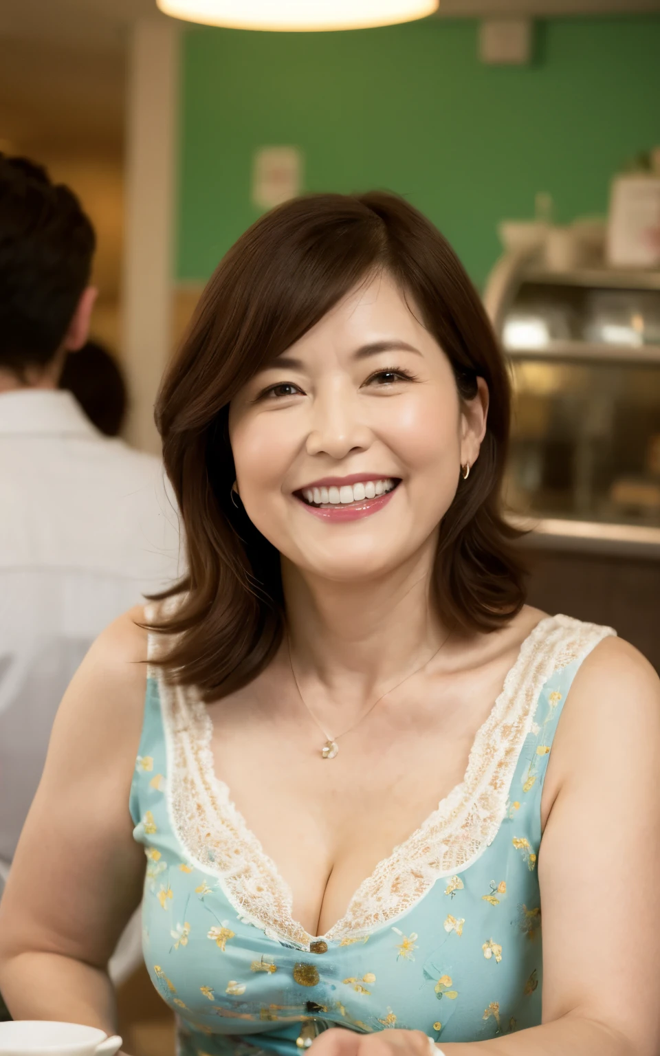 8k wallpaper, masterpiece, Highest quality, Super detailed, One Mature Woman, 50 years old, Become very clear, Wearing a spring-like shirt, Skin dents, Captivating smile, Looking at the audience, Cleavage, plump, Curvaceous, Fascinating face, Smiling with teeth showing, I was happy, Sitting in a cafe, Background Blur