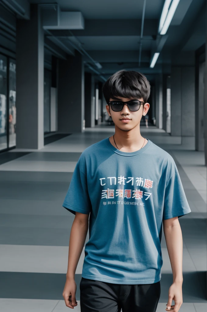 21 year old Beijing boy, he is wearing a oversize xxl blue plain t-shirt, he is wearing black trousers, he is wearing sneakers, he is wearing glasses, city, full body,  he is buzz cut Hair, foot, walking 