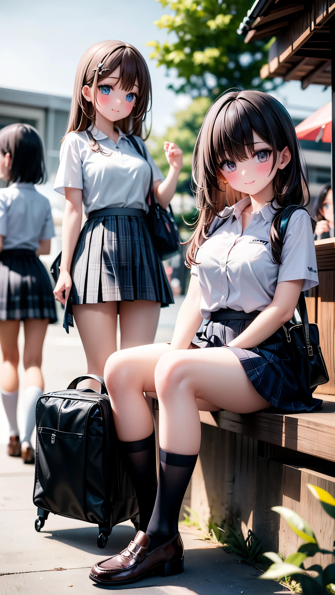 long hair, looking at viewer, blush, smile, bangs, blue eyes, multiple girls, skirt, brown hair, shirt, black hair, short sleeves, brown eyes,  long hair, sitting in sunset beach , white polo shirt, pleated skirt, outdoors, open clothes, shoes, day, socks, striped, collared shirt, hand up, (3girls:1.4), bag, plaid, kneehighs, nose blush, plaid skirt, brown footwear, flying sweatdrops, loafers, grey skirt, school bag, diagonal stripes, 