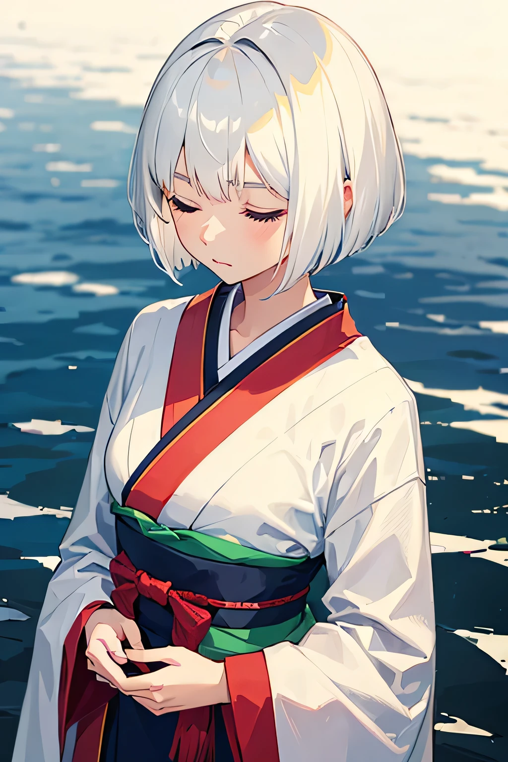 a girl, eyes closed, standing, from above, blunt cut, bob cut, white hair, kimono, white background
