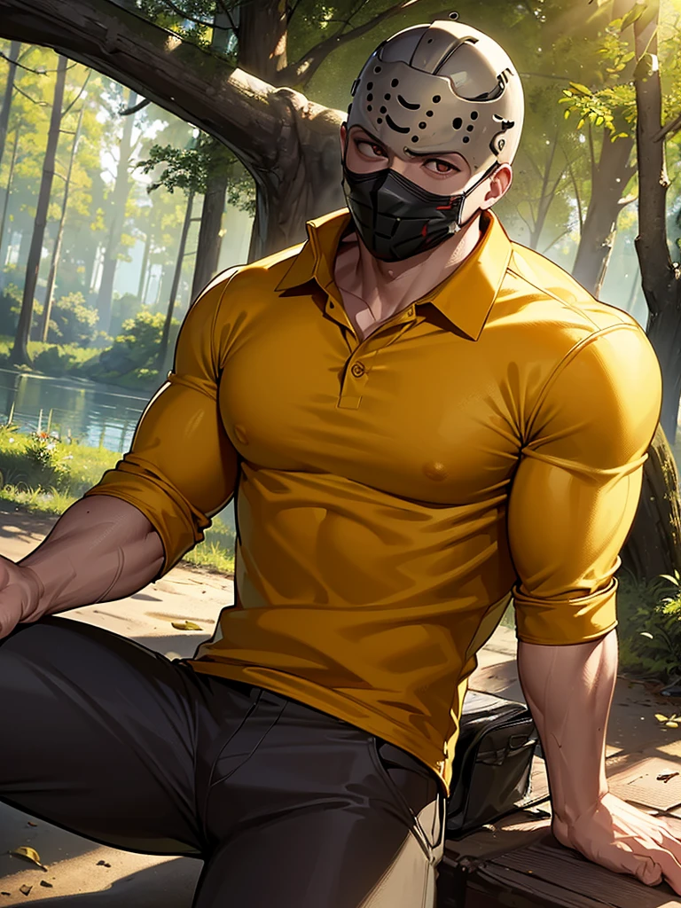 (masterpiece, 4K, ultra detailed), Jason Voorhees, single, masculine, light skin, mask on face, yellow polo-shirt, red sport shorts, sexy, muscular, campsite, lake, forest, noon, smooth lighting, smooth lining, smooth shading, cartoony