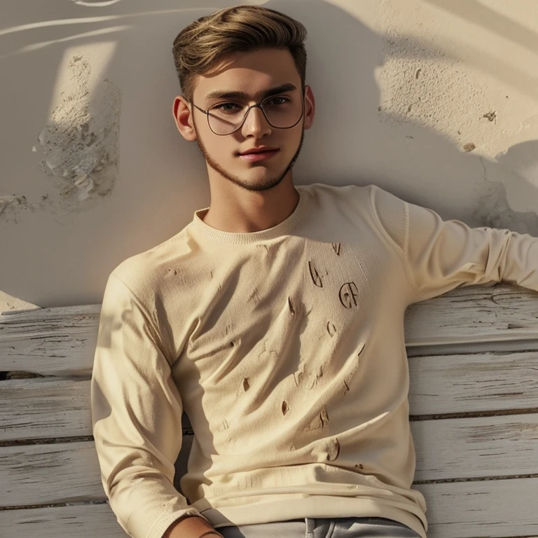 1 boy in, 19, Solo, Long hair, Colossal , Looking at Viewer, blondehair, Bare shoulders, Brown eyes, jewely, Full body, a necklace, off shoulders, Sweaters, Realistic, A sexy