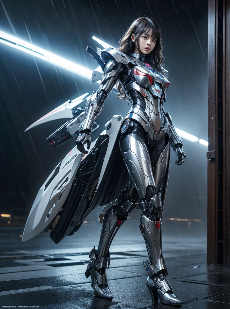 textured skin, Super detailed, high detail, high quality, best quality, High resolution, 1080P, Hard Drive, fair,(transformers),beautiful clear face(Rain waves_haneame：1.5),(arsi),fair機器人女人,Mecha robot girl,Versus mode,Armored Girl,She wears a futuristic arsi mech,Female warriors,Full body image