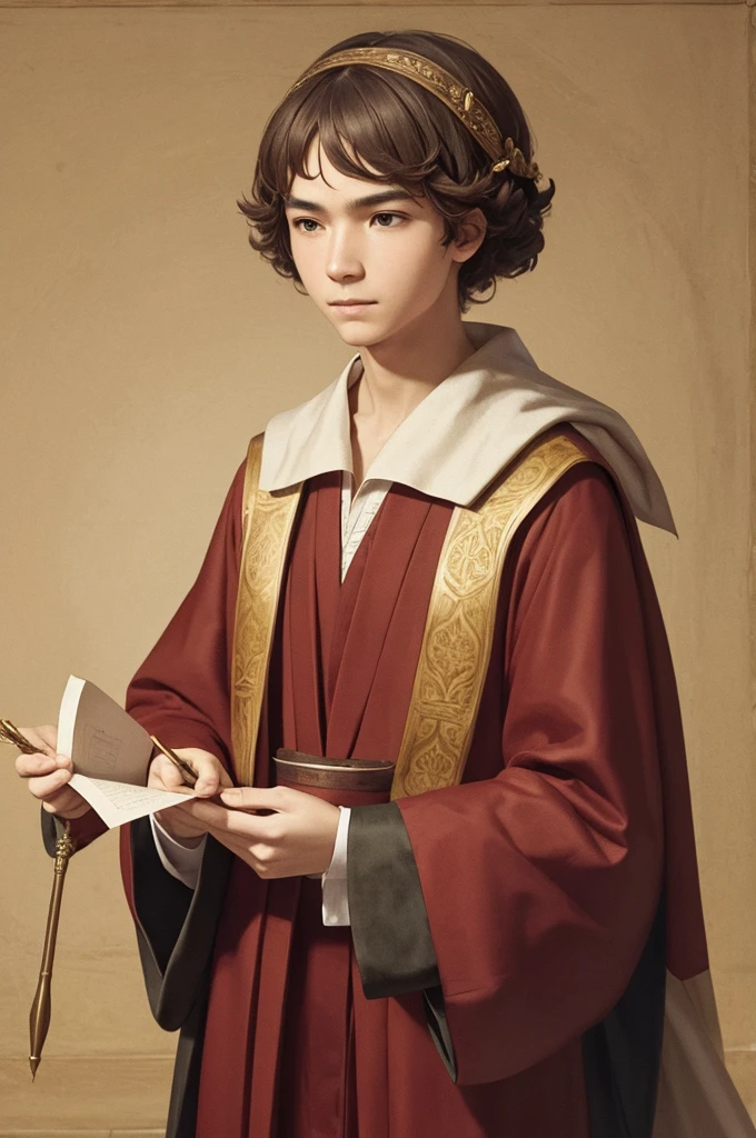 A scholar in scholarly robes, holding a quill and parchment, with a thoughtful expression.