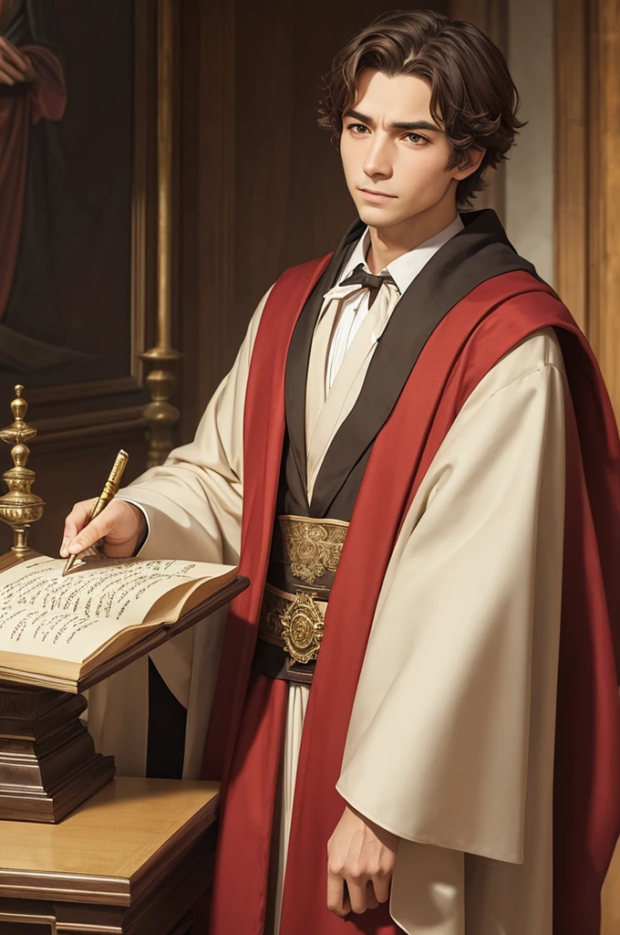 A scholar in scholarly robes, holding a quill and parchment, with a thoughtful expression.