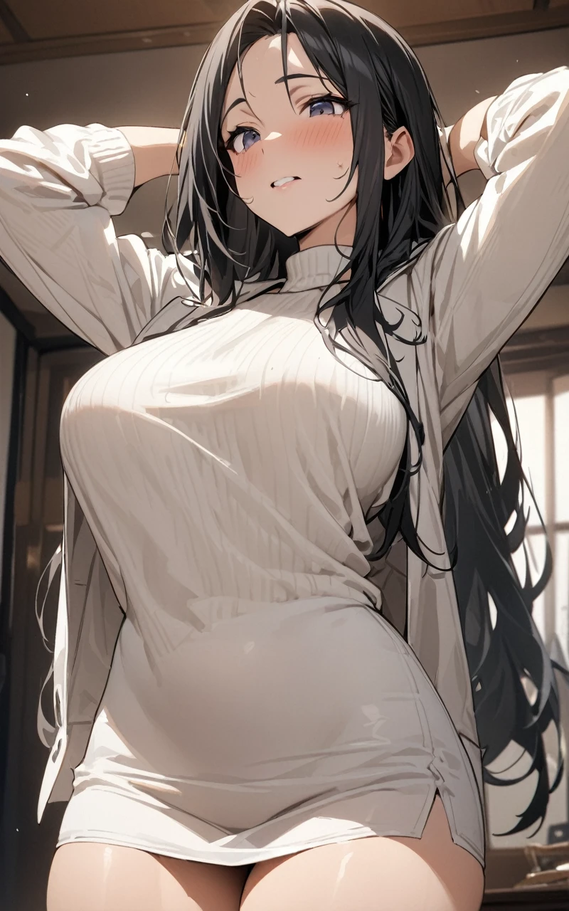 (masterpiece, Highest quality:1.2), Mature Woman、40 years old、Black long hair、wrinkle、White tight sweater、Flesh-colored jacket、White short skirt、Fold your arms above your head、indoor、