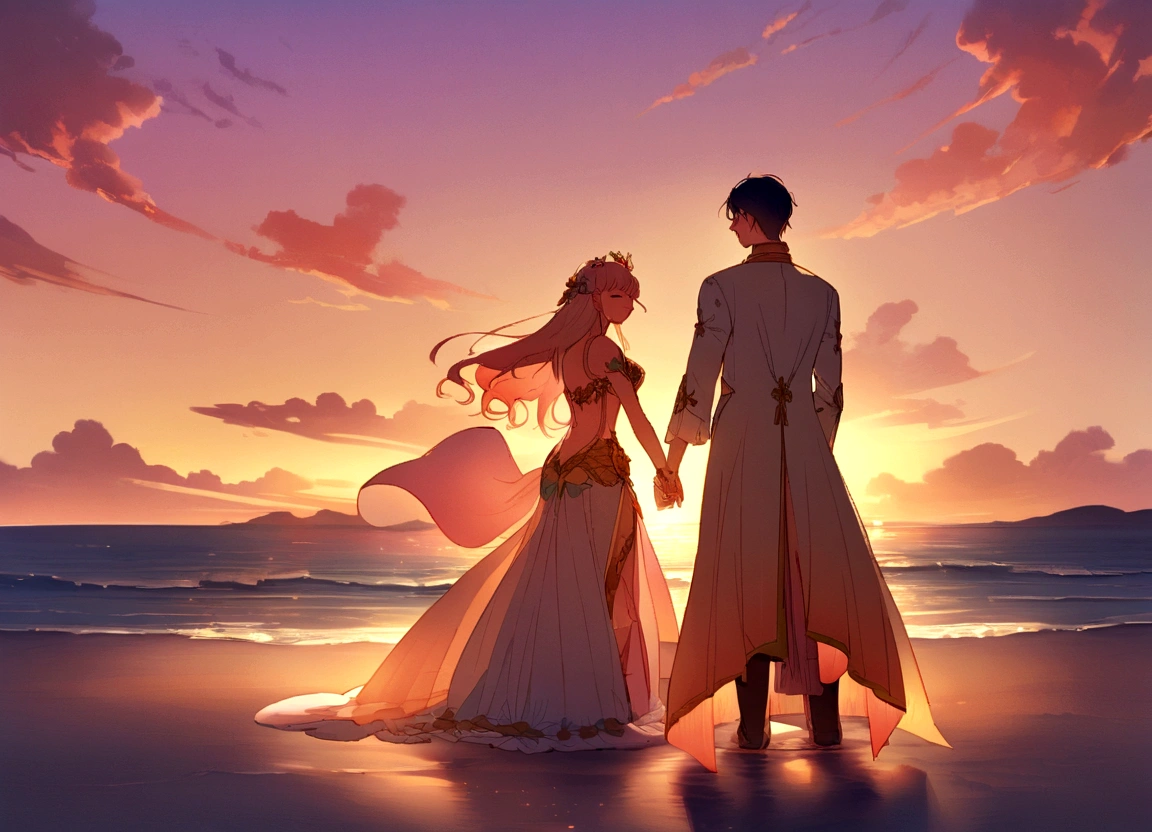 Background: A serene sunset over a tranquil beach.Foreground: A man and two women standing close together, with one woman in a revealing dress, the other two gazing at her affectionately.