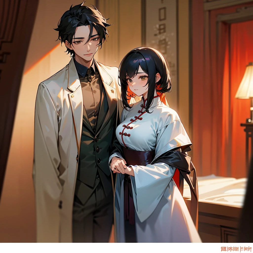 sciencer psihology from Beijing Tao chinese (asian) hot handsome man black hair with brown eyes and his wife french (european) hot half nude sexy woman french detective Mirette black hair with hazel green eyes in bedroom