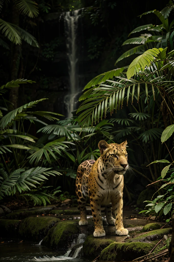 [Jaguar with green eyes stalking prey]::7 [detailed vegetation and waterfall in amazon rainforest background, cinematic shoot, ultrareal, morning light]::3 --ar 16:9 --s 400