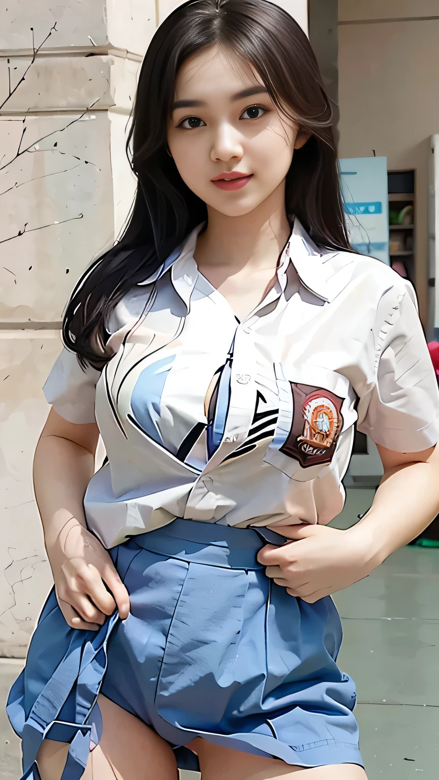 (best quality,4k,highres),ultra-detailed,realistic,cosplay,student uniform, unbutton clothes, unbutton shirt, mini skirt, skirt lift up, open legs,beautiful woman,big breasts, show nipples detailed, pubic hair,vivid colors,portrait,soft lighting