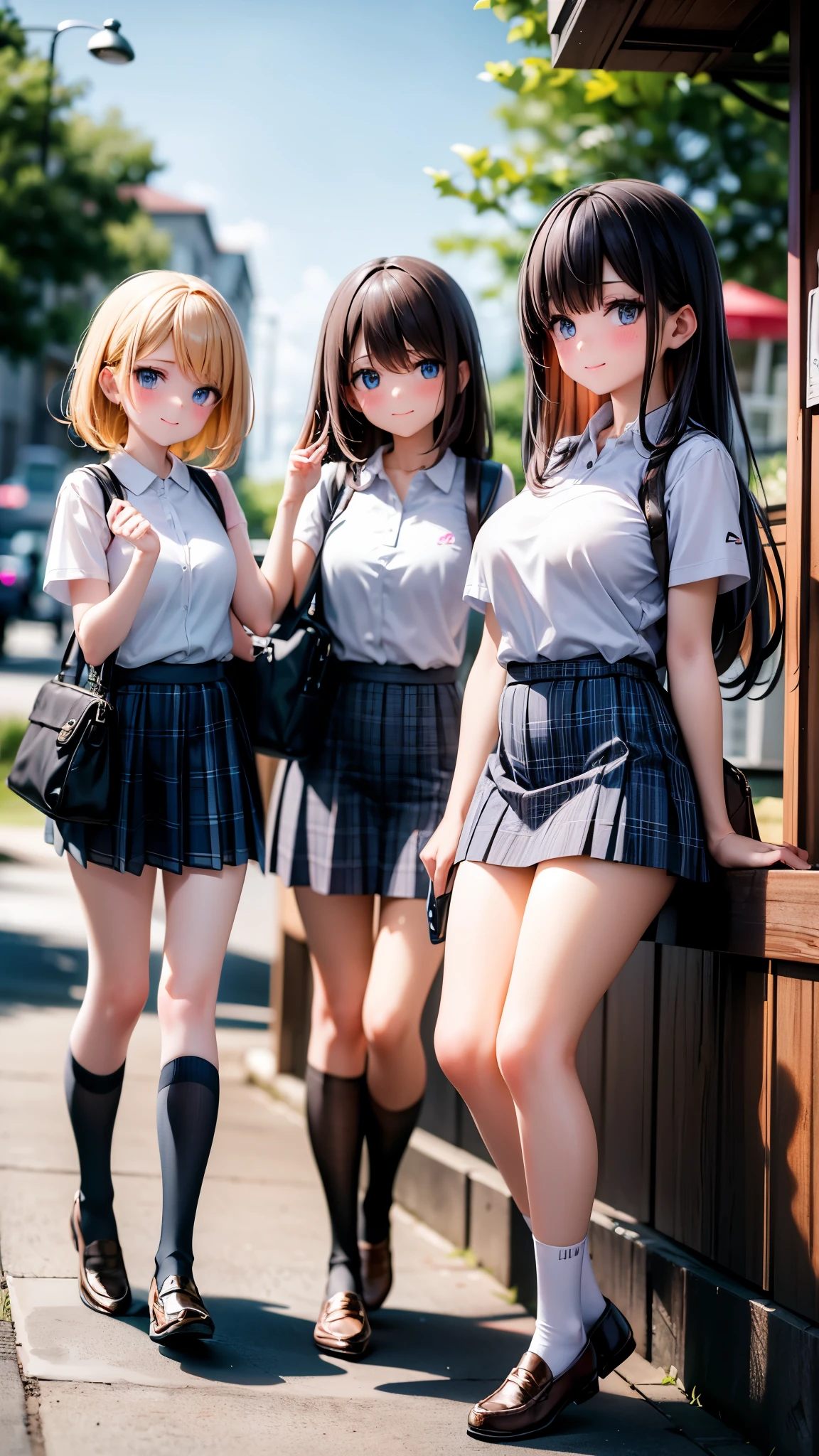 long hair, looking at viewer, blush, smile, bangs, blue eyes, multiple girls, skirt, brown hair, shirt, black hair, short sleeves, brown eyes, long hair, sitting in sunset beach , white polo shirt, pleated skirt, outdoors, open clothes, shoes, day, socks, striped, collared shirt, hand up, (3girls:1.4), bag, plaid, kneehighs, nose blush, plaid skirt, brown footwear, flying sweatdrops, loafers, grey skirt, school bag, diagonal stripes,
